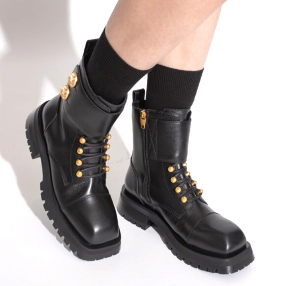 NIB$1695 Balmain Ranger Army Logo Buttons Ridged Ankle Boot Chunky Sole 37.5 7.5